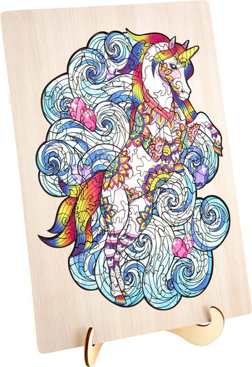 Houten puzzel Unicorn | unieke puzzelstukjes in vorm van fantasie thema | 130 puzzelstukjes | Puzzel voor kinderen en volwassenen | Formaat 30 X 22.5 CM | Cadeau voor jong en oud